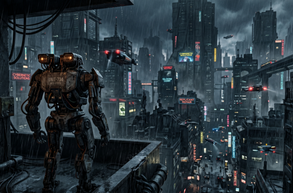 Dystopian cityscape viewed by a robot
